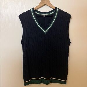 Uniqlo Women’s Cable-Knit V-Neck Sweater Vest Navy with Striped Trim